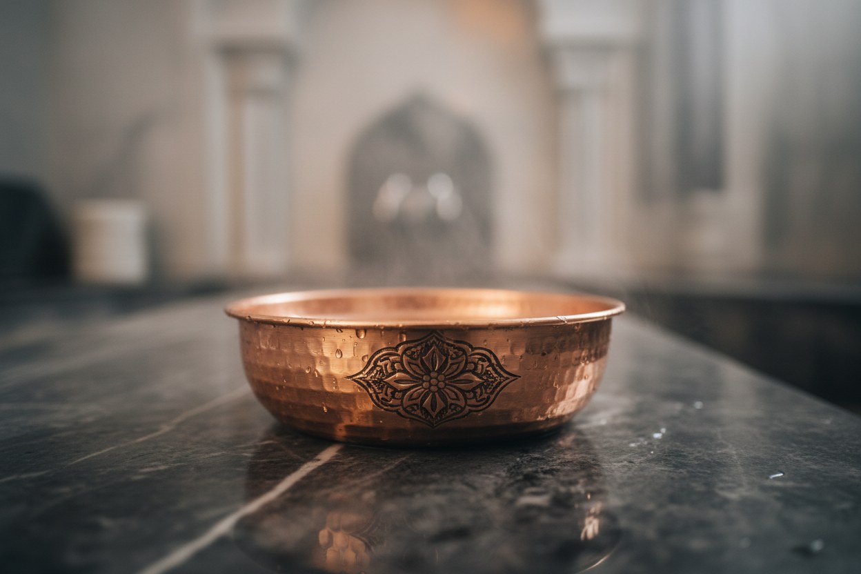 Buğulu hamamda parlayan el dövmesi bakır hamam tası